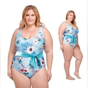 LYSA 2X (22W/24W) Nadia Blue Floral V-neck Swimsuit Open Back Tummy Smoothing